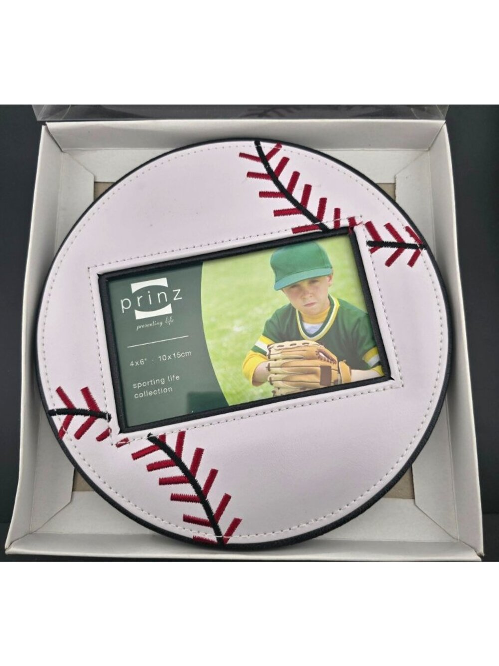 NWB 4x6 Baseball Photo Frame By Prinz Sporting Life White & Red Stitches Design
